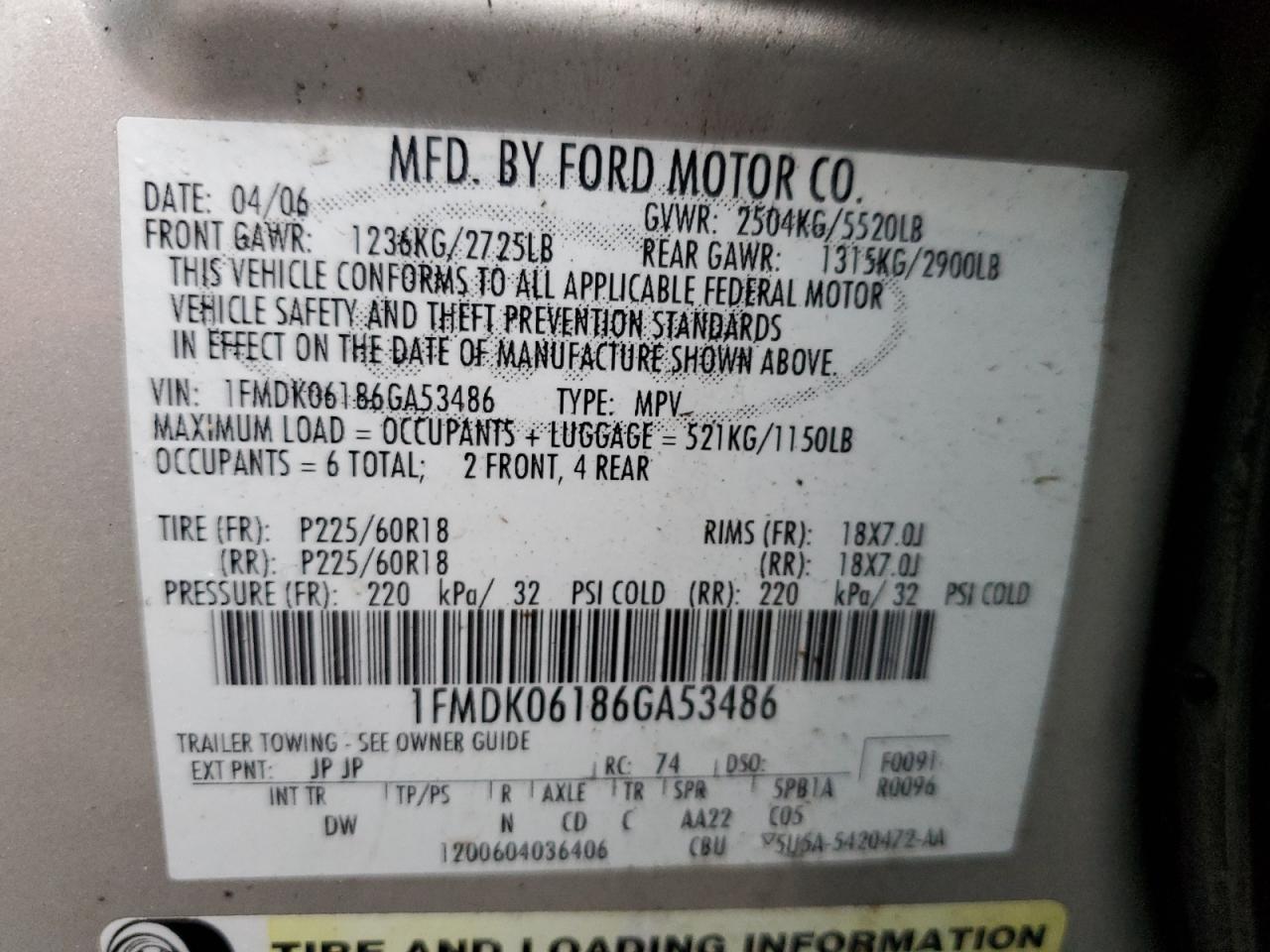 1FMDK06186GA53486 2006 Ford Freestyle Limited