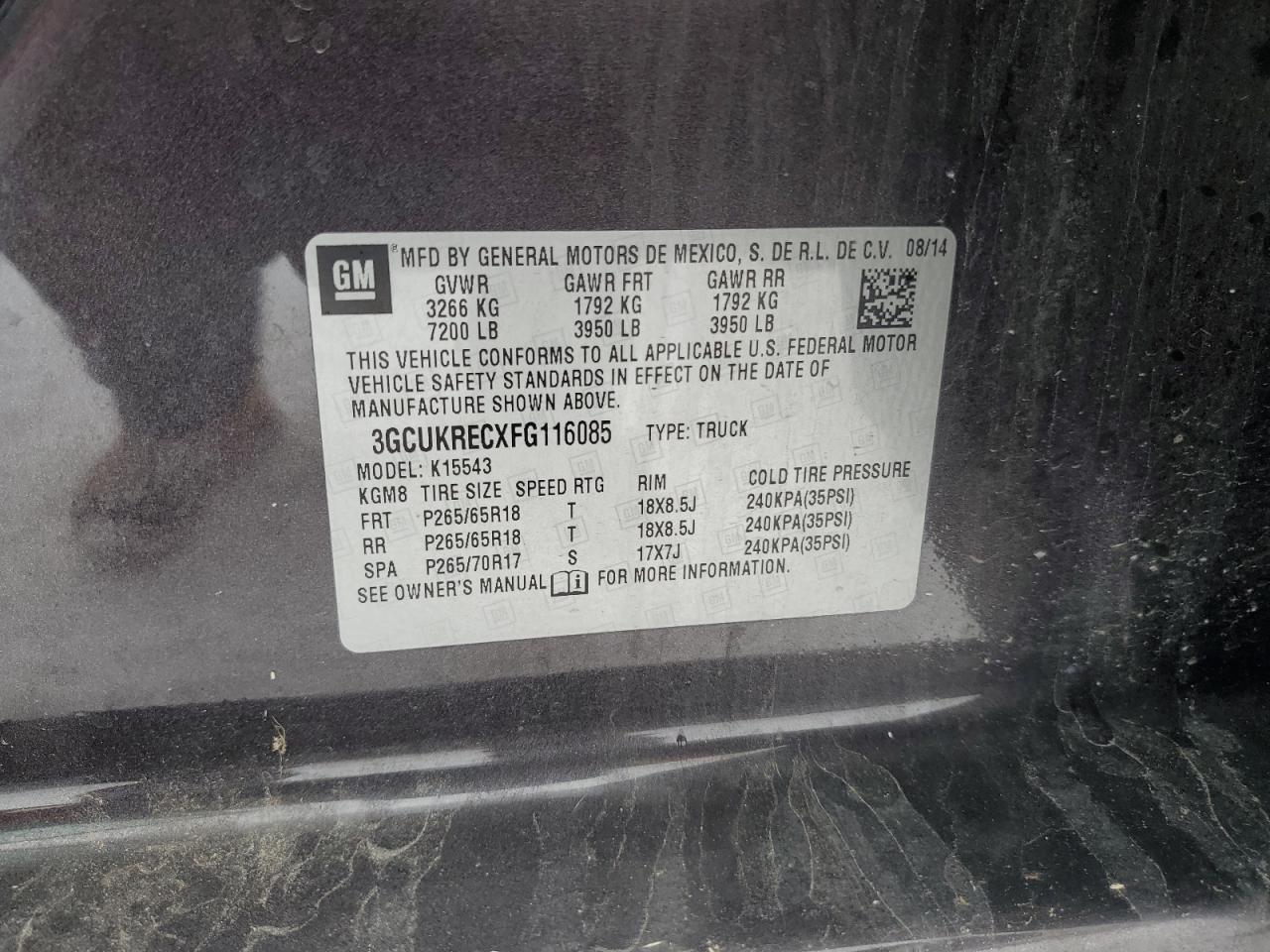 3GCUKRECXFG116085 2015 Chevrolet Silverado K1500 Lt