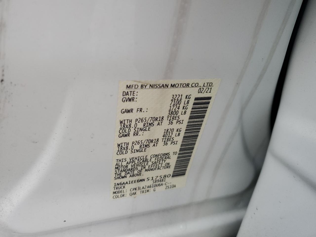 2021 Nissan Titan S VIN: 1N6AA1EE6MN517580 Lot: 86688904