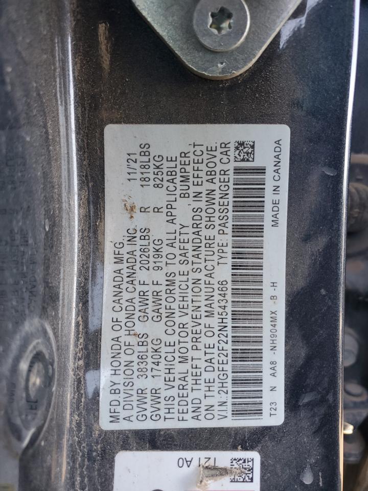 2HGFE2F22NH543466 2022 Honda Civic Lx