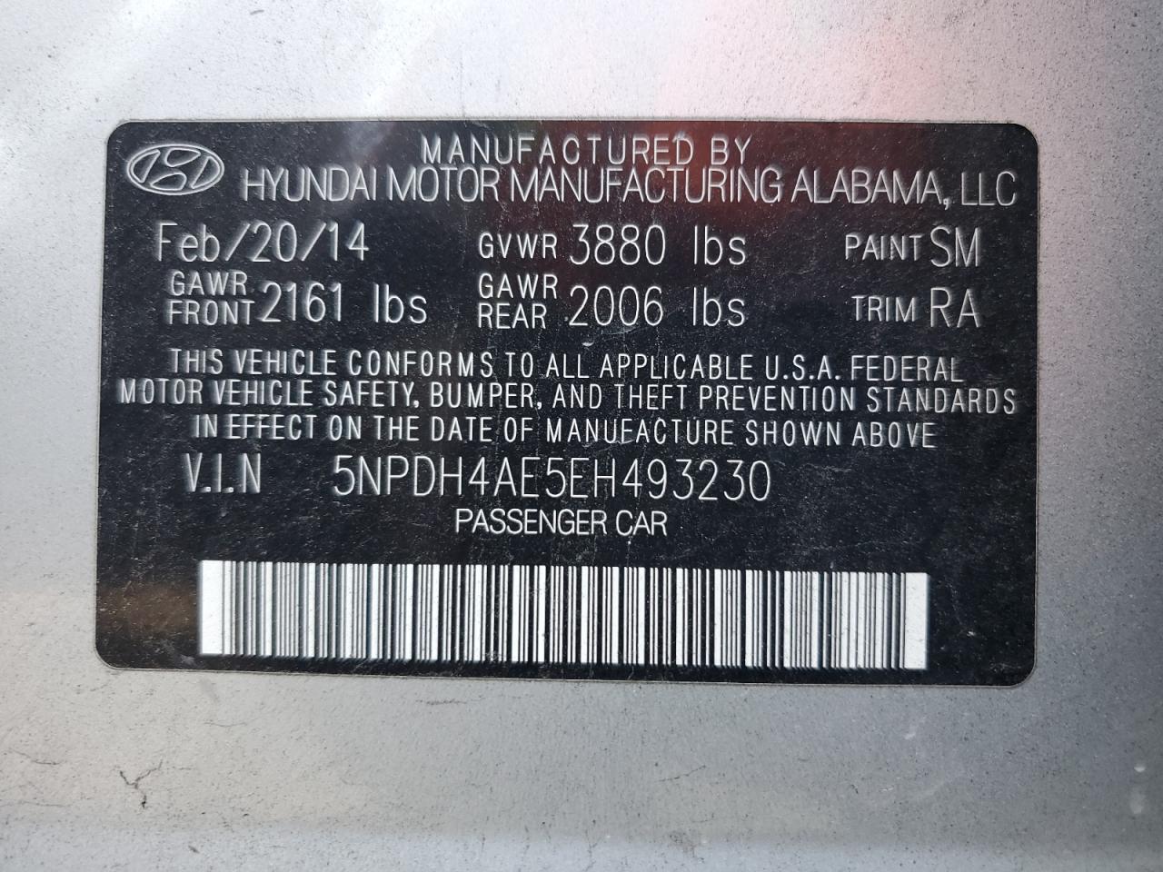 5NPDH4AE5EH493230 2014 Hyundai Elantra Se