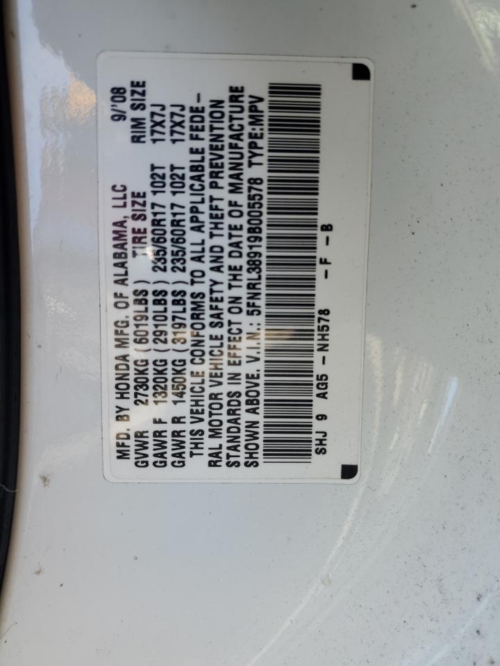 2009 Honda Odyssey Touring VIN: 5FNRL38919B005578 Lot: 86436804