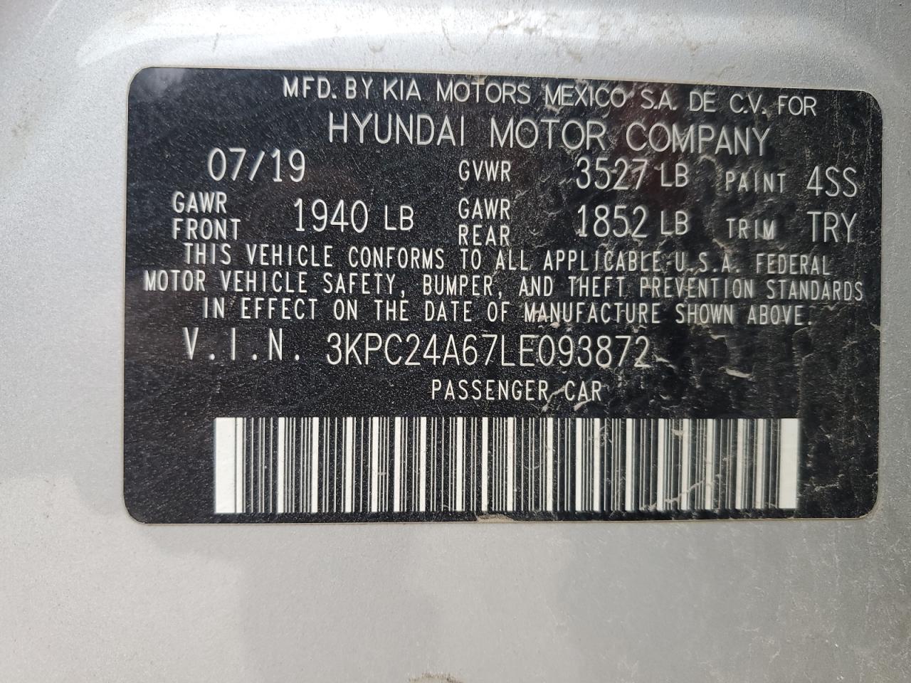 3KPC24A67LE093872 2020 Hyundai Accent Se