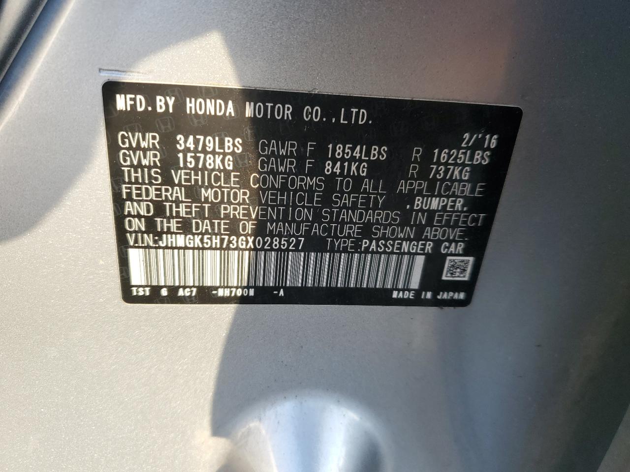 JHMGK5H73GX028527 2016 Honda Fit Ex