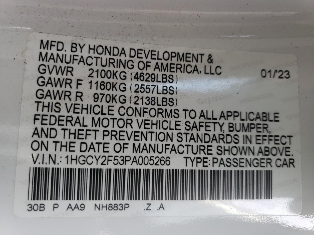 2023 Honda Accord Hybrid Sport VIN: 1HGCY2F53PA005266 Lot: 86192474