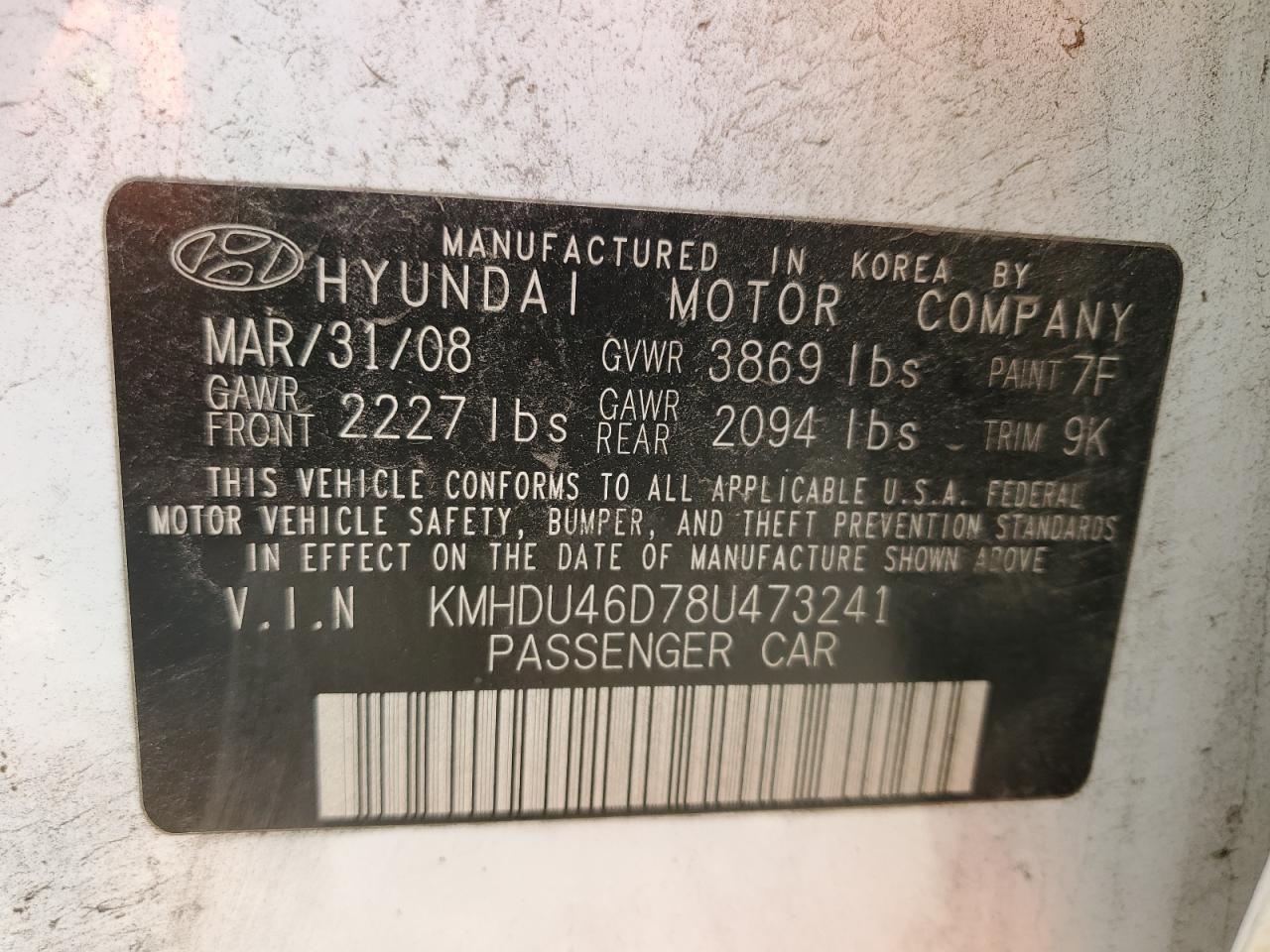 KMHDU46D78U473241 2008 Hyundai Elantra Gls