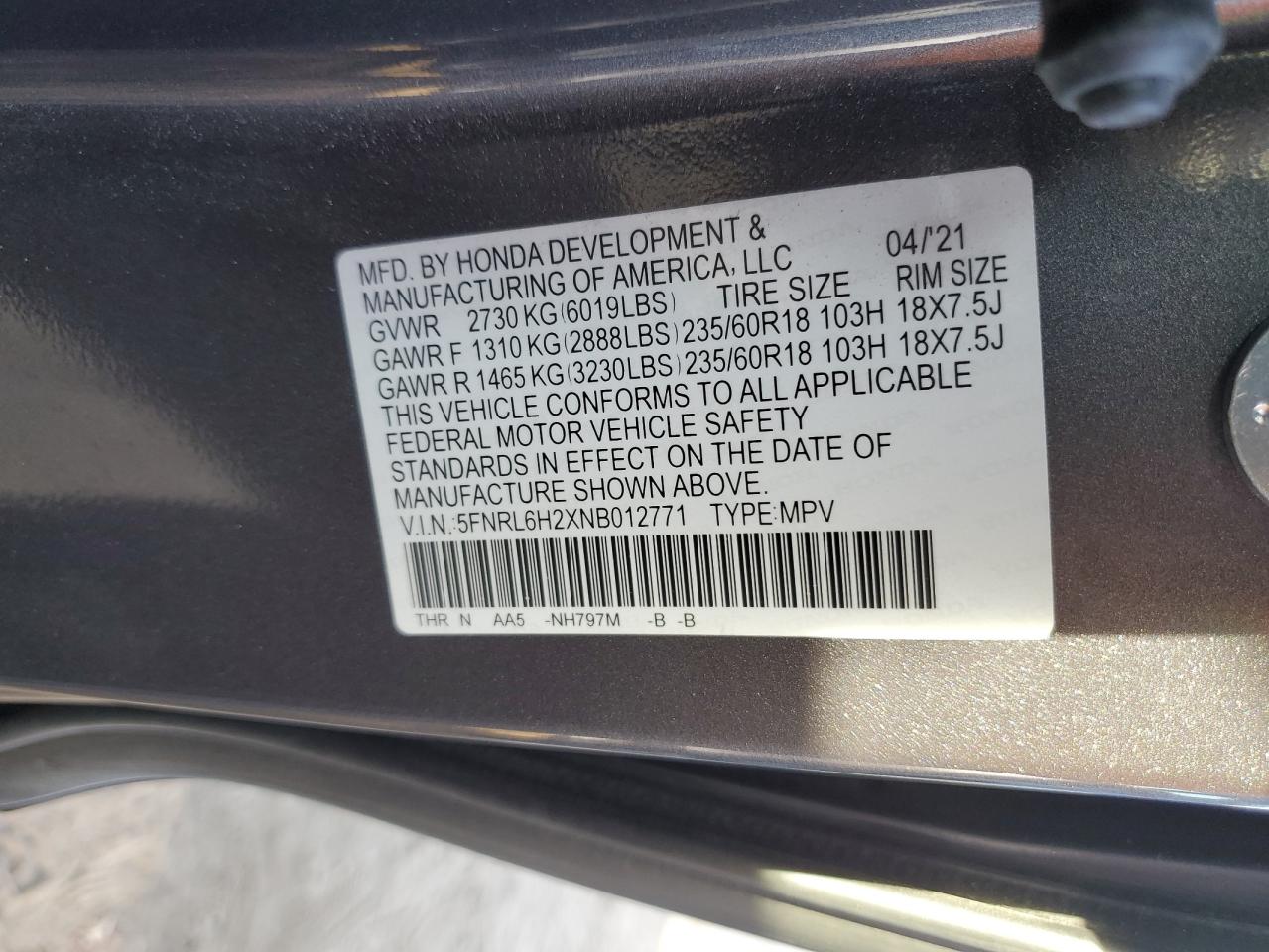 5FNRL6H2XNB012771 2022 Honda Odyssey Lx