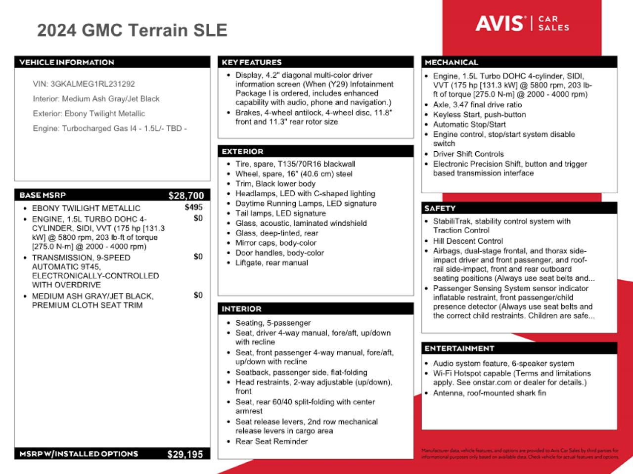 2024 GMC Terrain Sle VIN: 3GKALMEG1RL231292 Lot: 85024994