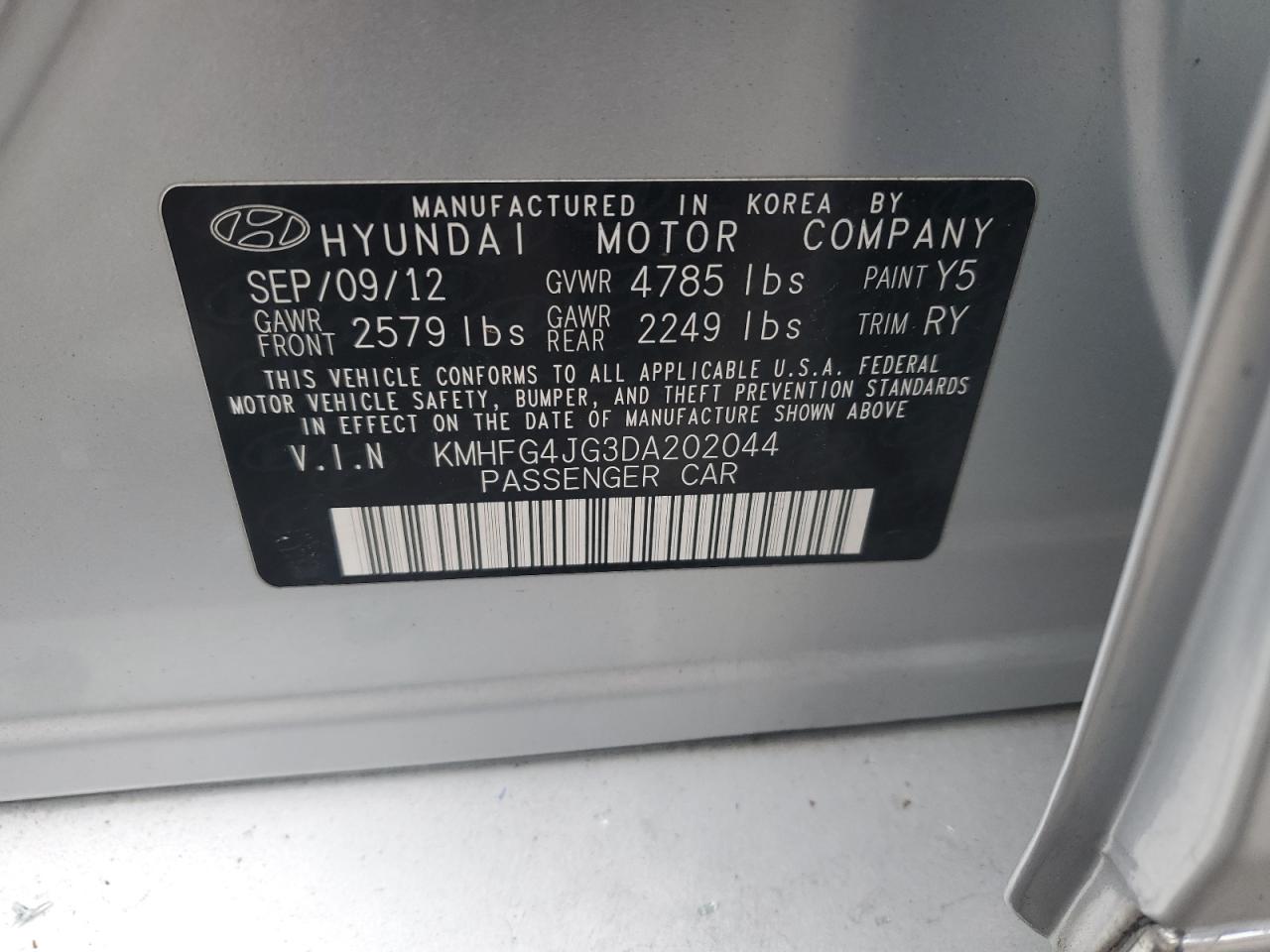 KMHFG4JG3DA202044 2013 Hyundai Azera