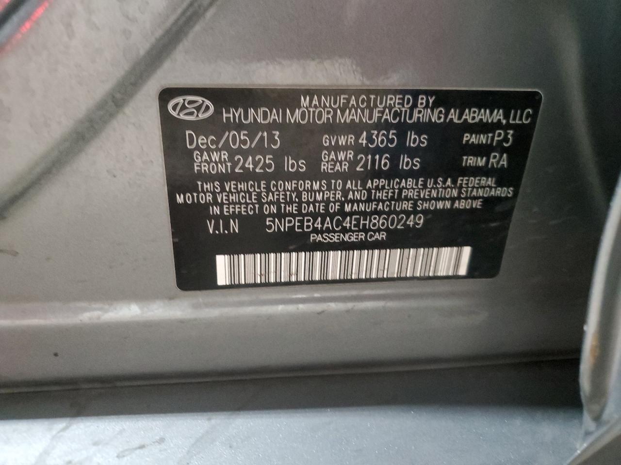 5NPEB4AC4EH860249 2014 Hyundai Sonata Gls