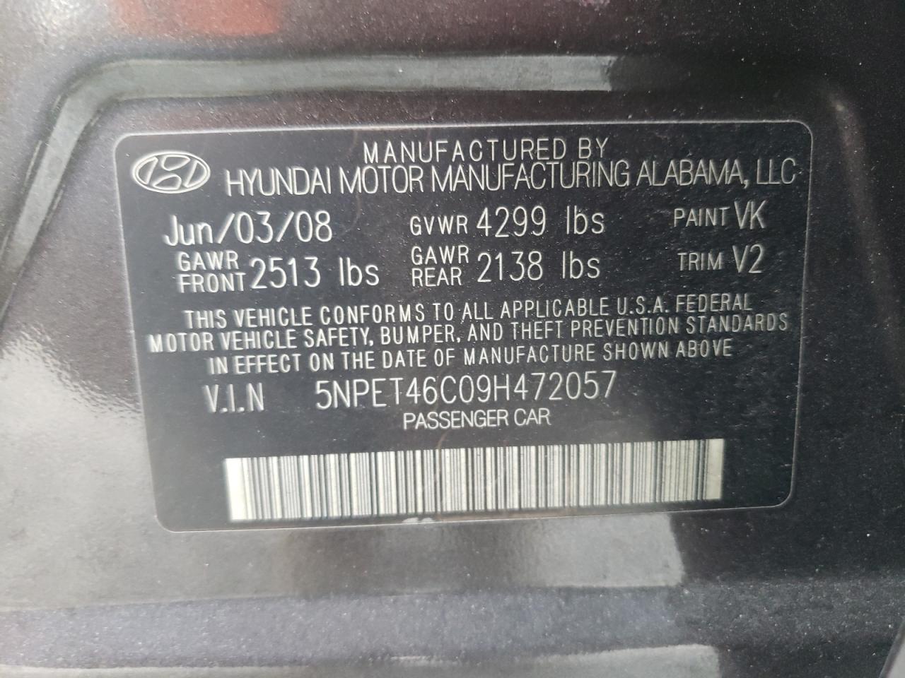 2009 Hyundai Sonata Gls VIN: 5NPET46C09H472057 Lot: 84060444