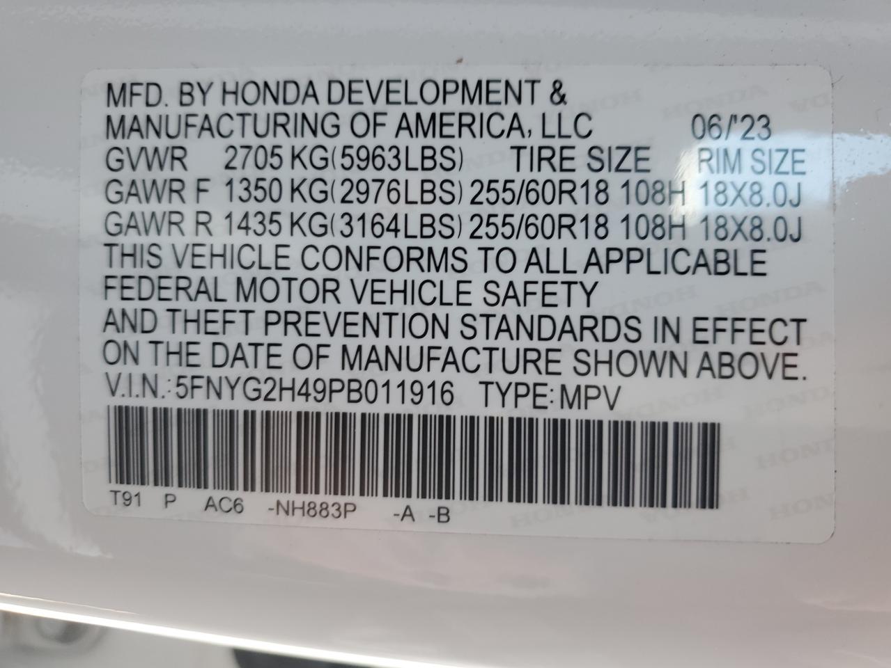 2023 Honda Pilot Exl VIN: 5FNYG2H49PB011916 Lot: 87109874