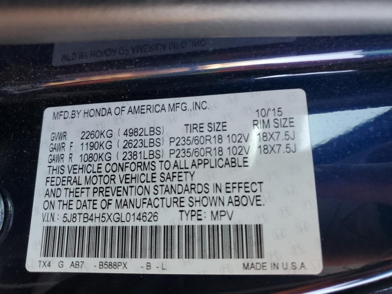 5J8TB4H5XGL014626 2016 Acura Rdx Technology