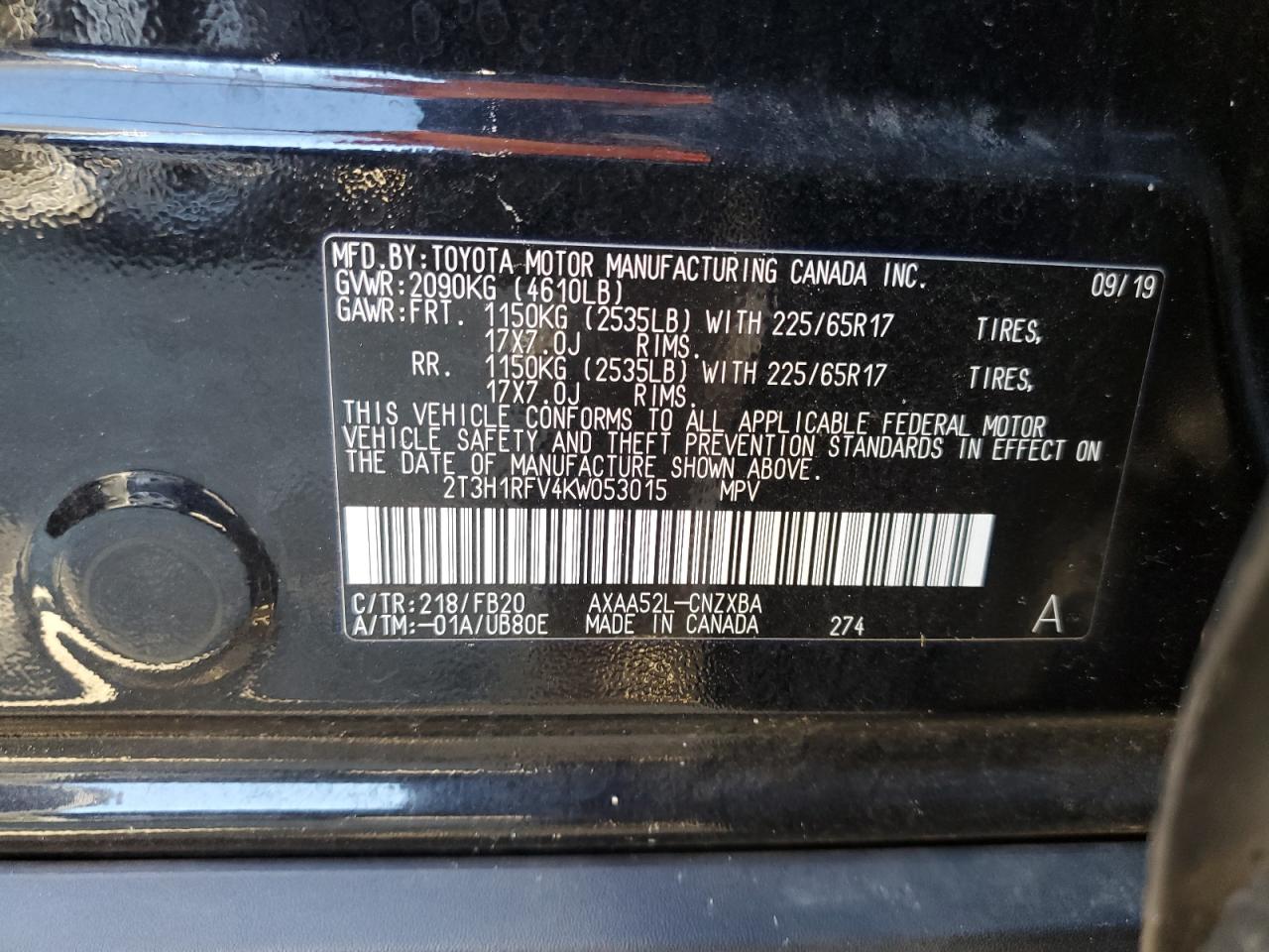 2T3H1RFV4KW053015 2019 Toyota Rav4 Le