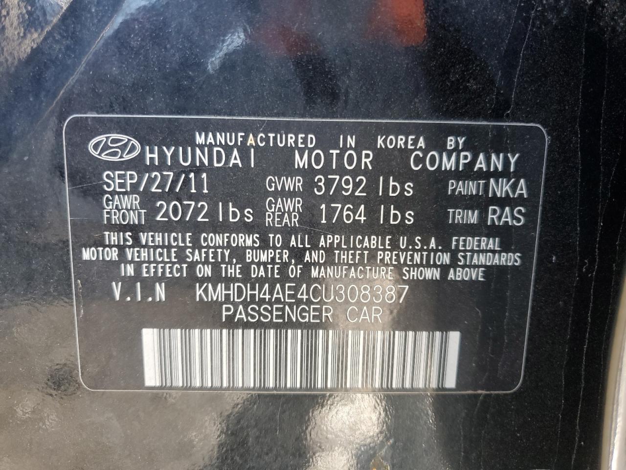 KMHDH4AE4CU308387 2012 Hyundai Elantra Gls