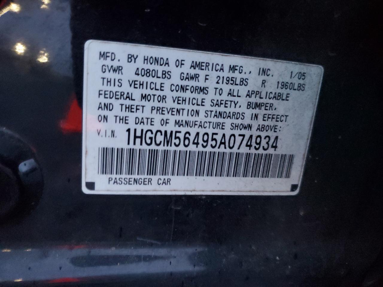 1HGCM56495A074934 2005 Honda Accord Lx