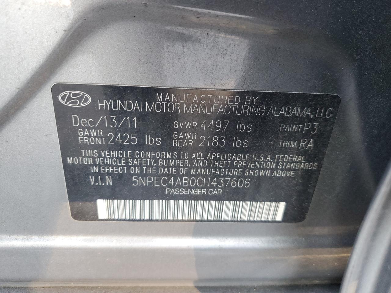 5NPEC4AB0CH437606 2012 Hyundai Sonata Se