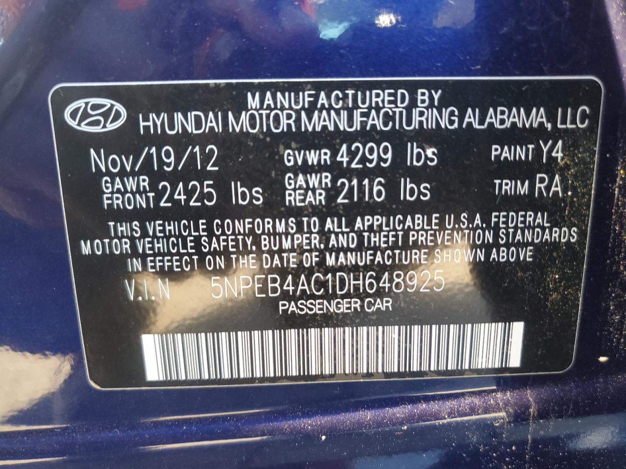 5NPEB4AC1DH648925 2013 Hyundai Sonata Gls