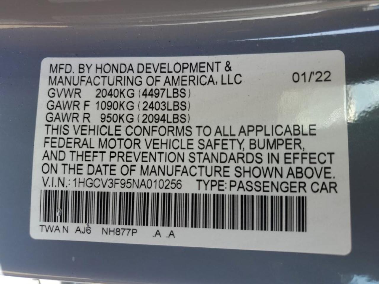 2022 Honda Accord Touring Hybrid VIN: 1HGCV3F95NA010256 Lot: 85940604