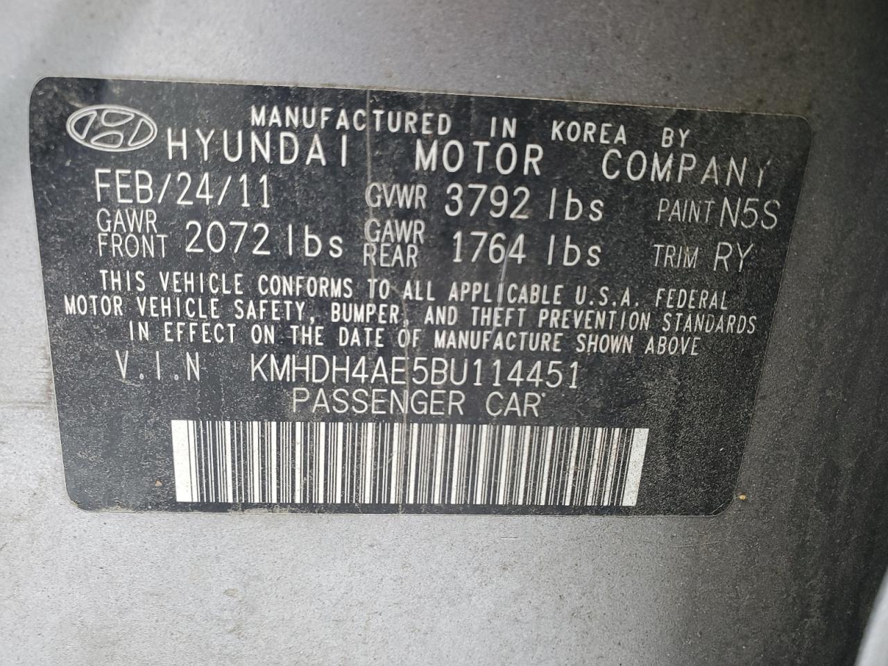 KMHDH4AE5BU114451 2011 Hyundai Elantra Gls