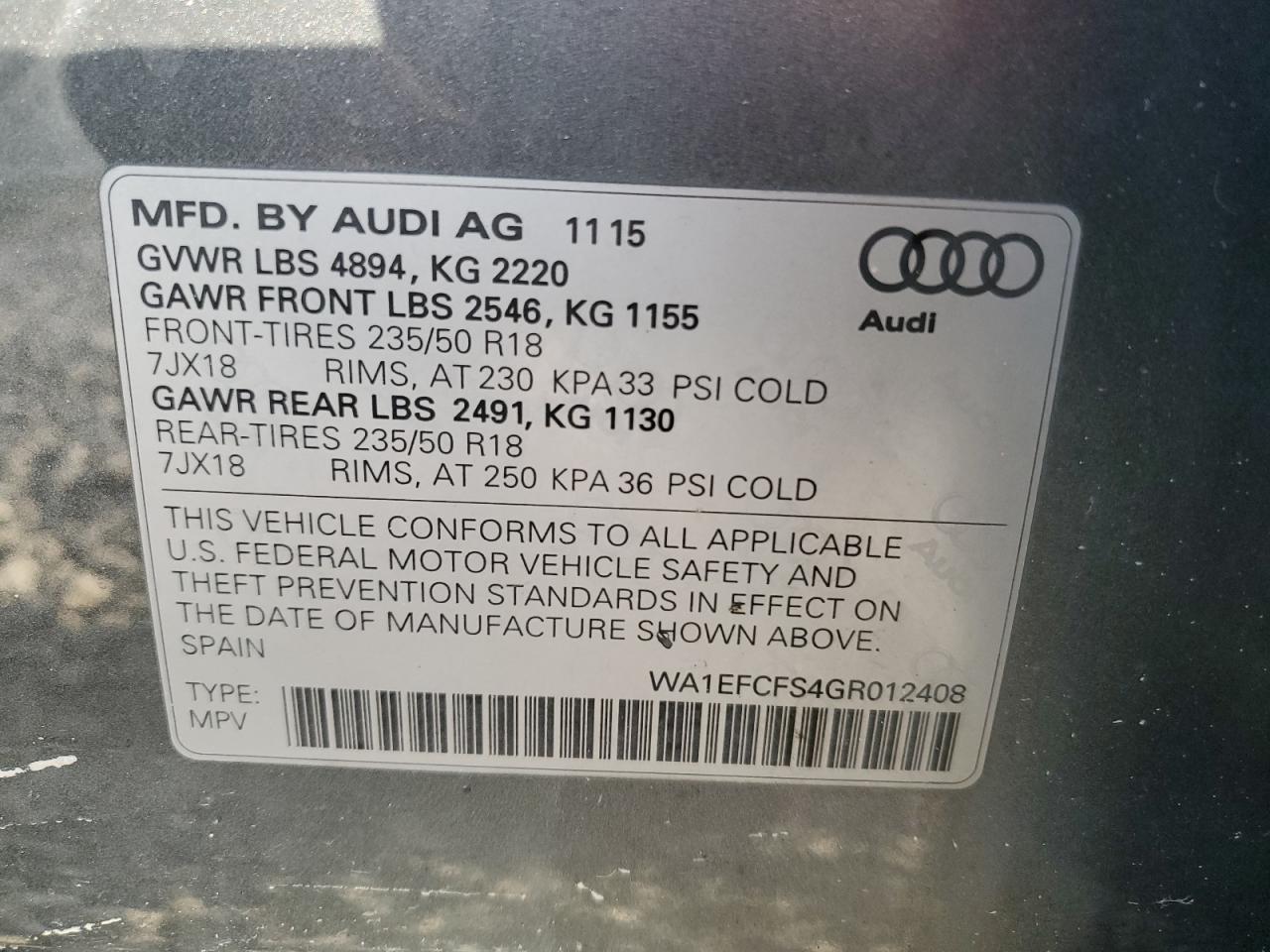 2016 Audi Q3 Premium Plus VIN: WA1EFCFS4GR012408 Lot: 86846384