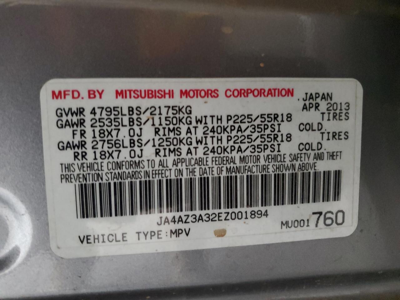 2014 Mitsubishi Outlander Se VIN: JA4AZ3A32EZ001894 Lot: 86617904