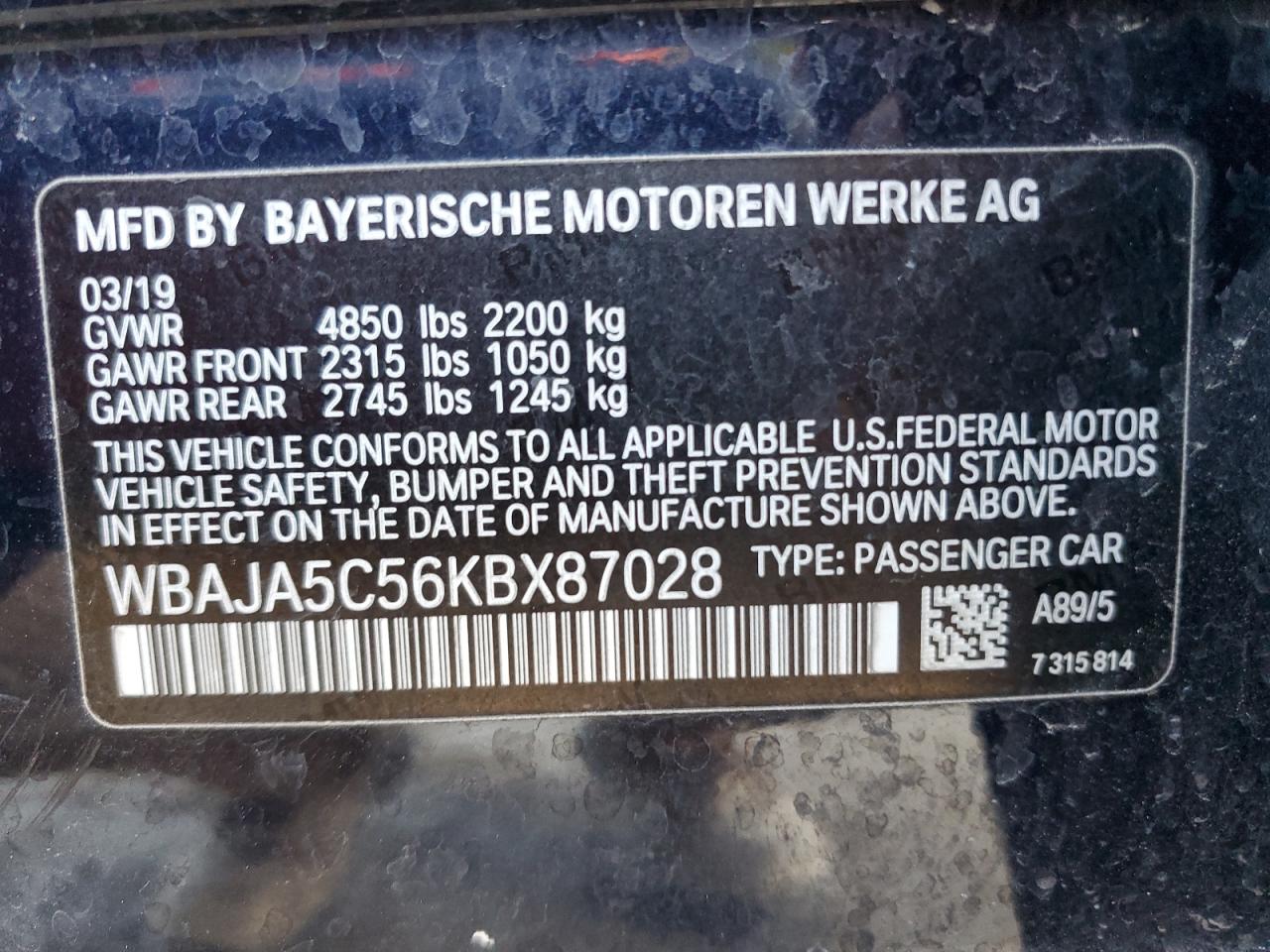 WBAJA5C56KBX87028 2019 BMW 530 I