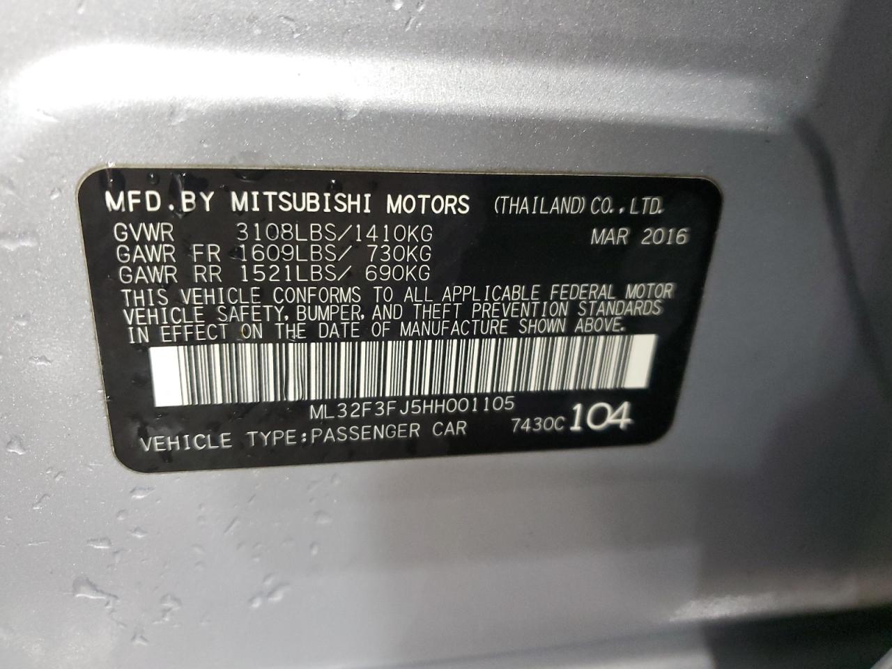 2017 Mitsubishi Mirage G4 Es VIN: ML32F3FJ5HH001105 Lot: 85869404