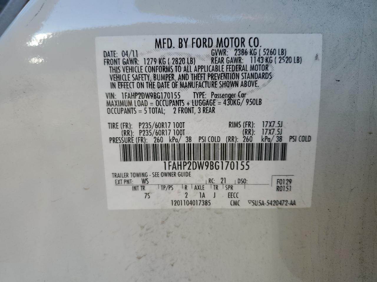 1FAHP2DW9BG170155 2011 Ford Taurus Se