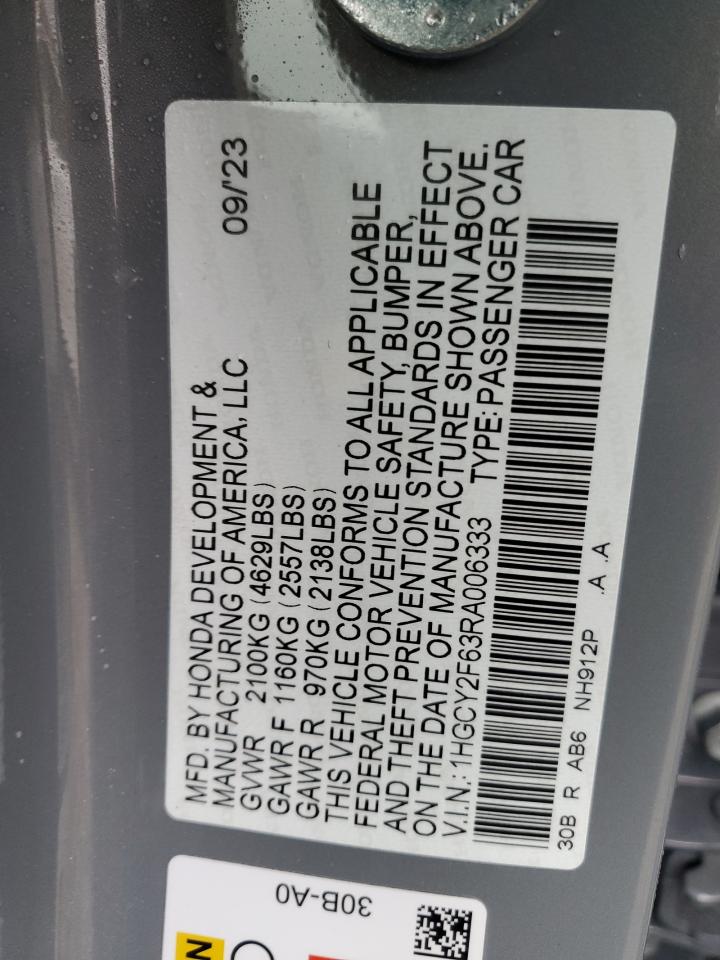 2024 Honda Accord Hybrid Exl VIN: 1HGCY2F63RA006333 Lot: 86909094