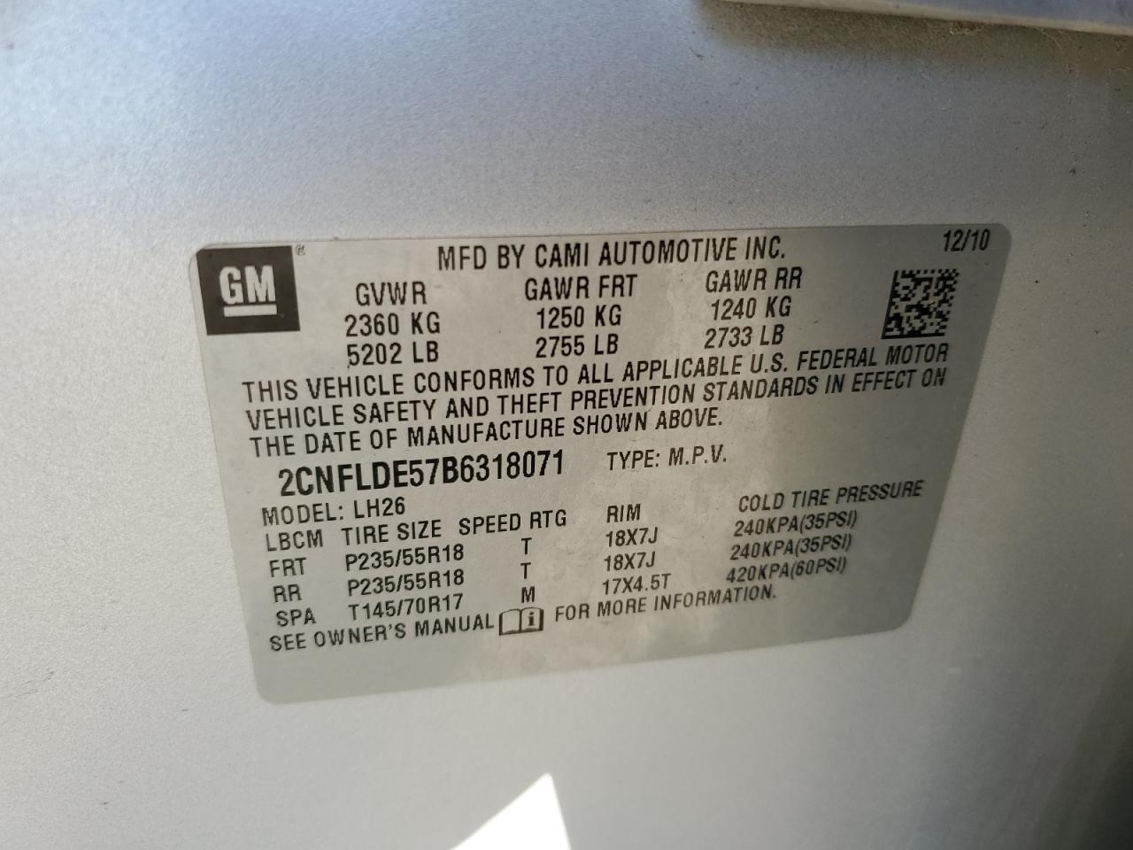 2CNFLDE57B6318071 2011 Chevrolet Equinox Lt