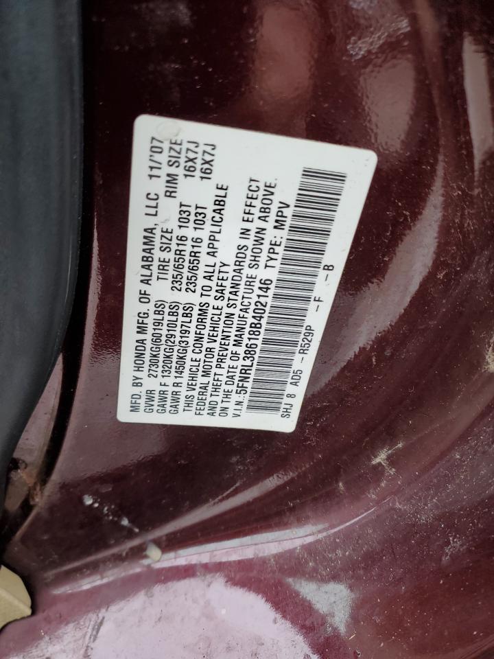 2008 Honda Odyssey Exl VIN: 5FNRL38618B402146 Lot: 84647044