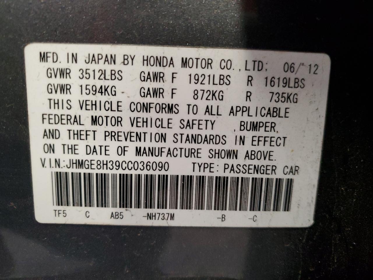 JHMGE8H39CC036090 2012 Honda Fit