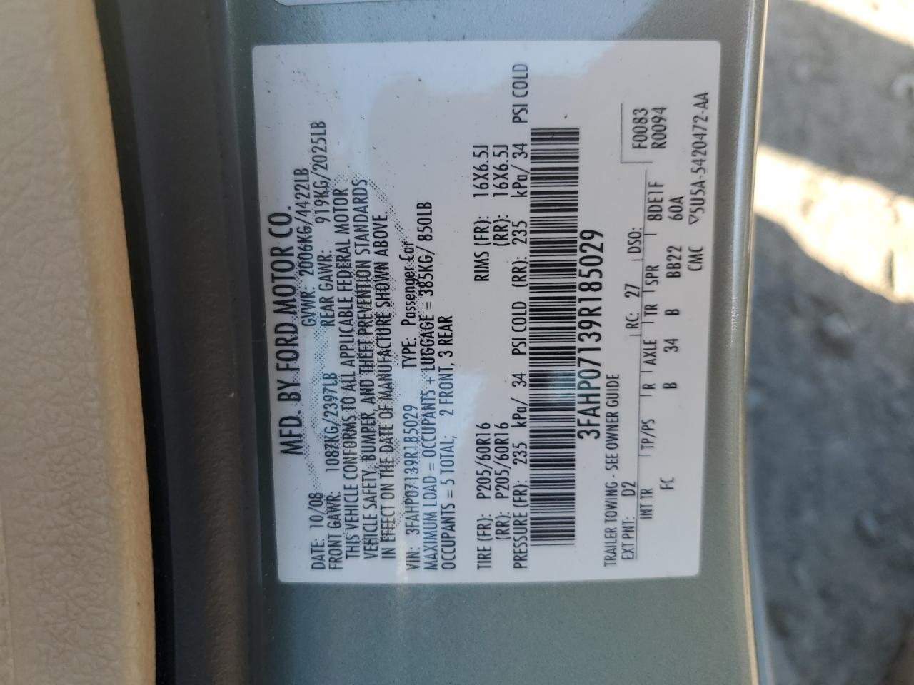 3FAHP07139R185029 2009 Ford Fusion Se