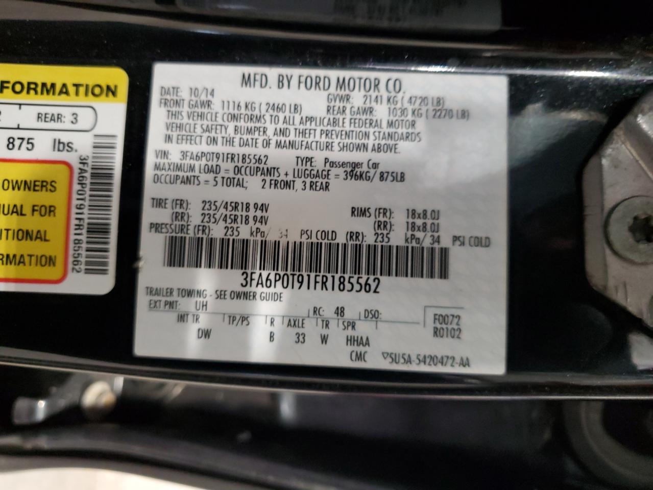 3FA6P0T91FR185562 2015 Ford Fusion Se