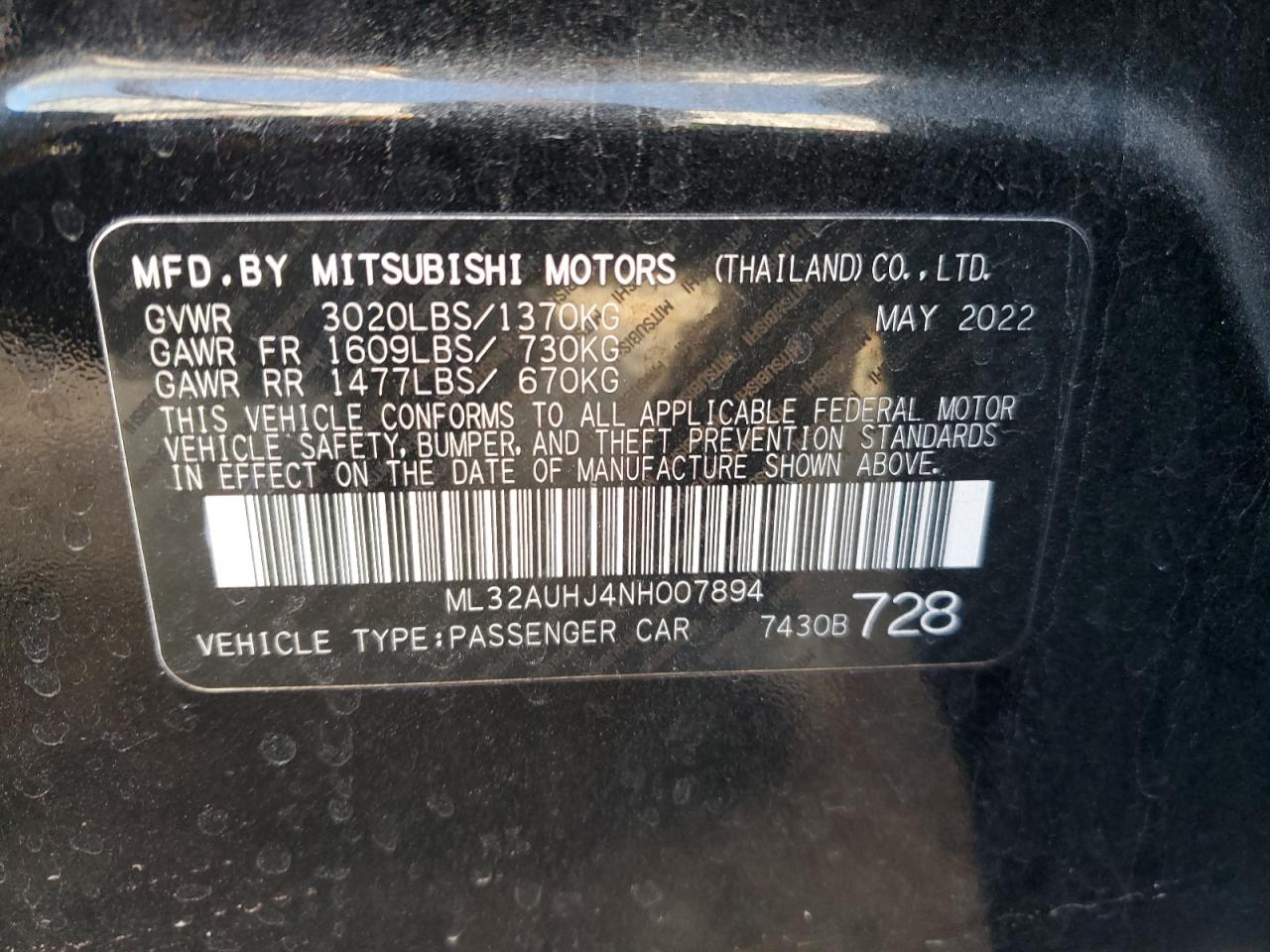 2022 Mitsubishi Mirage Es VIN: ML32AUHJ4NH007894 Lot: 85862404