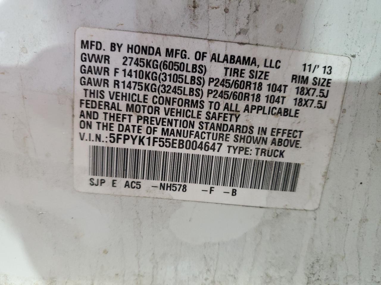 5FPYK1F55EB004647 2014 Honda Ridgeline Rtl