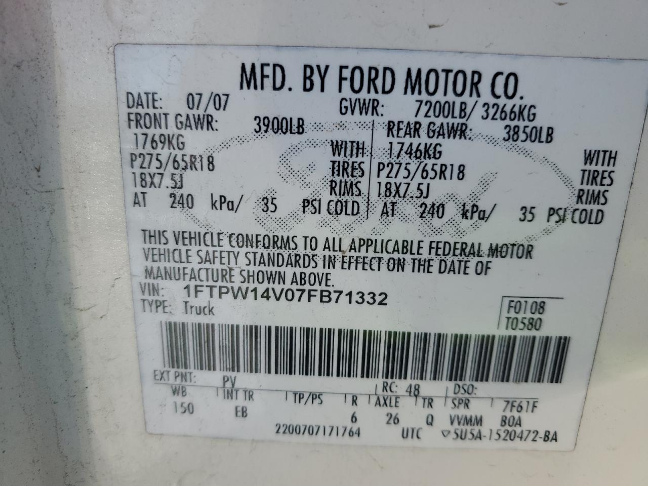 1FTPW14V07FB71332 2007 Ford F150 Supercrew