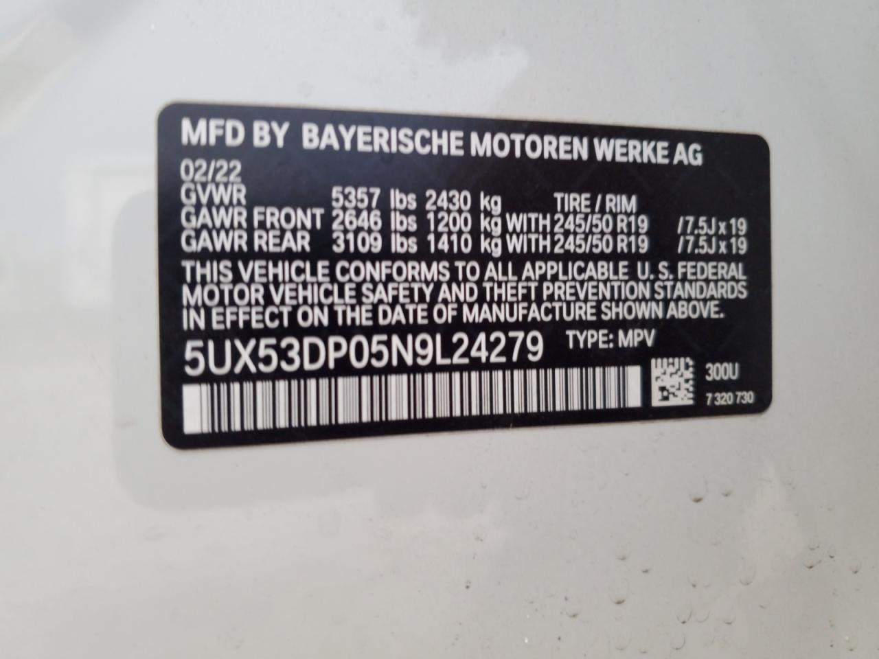 2022 BMW X3 xDrive30I VIN: 5UX53DP05N9L24279 Lot: 86180194