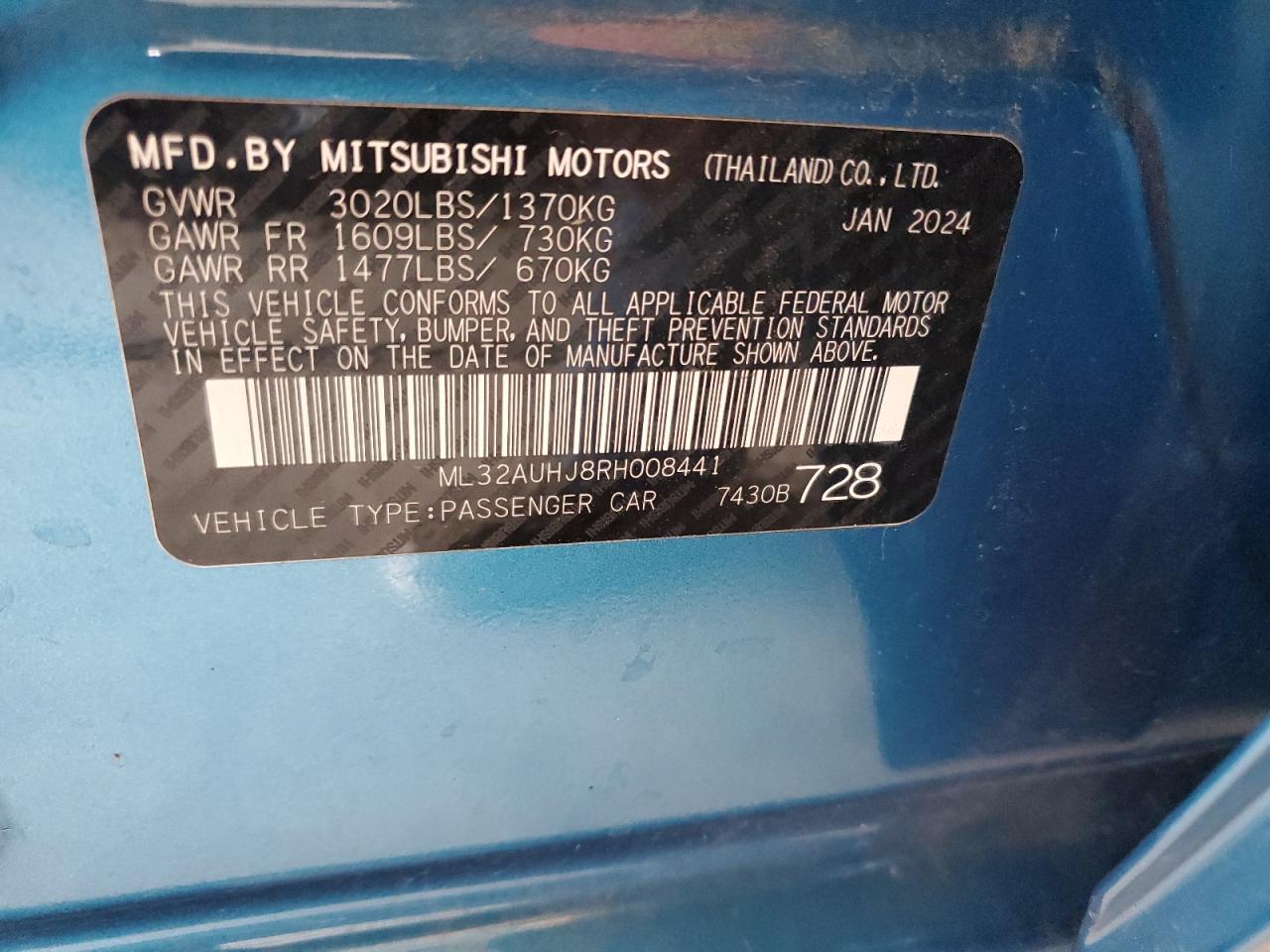 2024 Mitsubishi Mirage Es VIN: ML32AUHJ8RH008441 Lot: 81992614