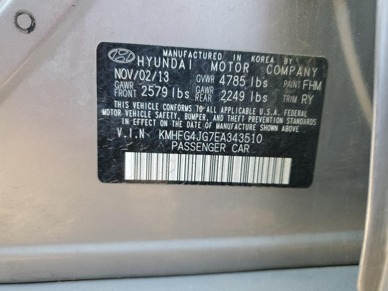 KMHFG4JG7EA343510 2014 Hyundai Azera