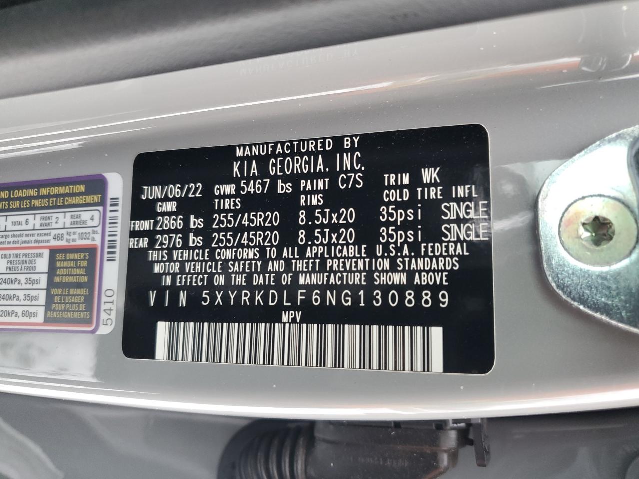 2022 Kia Sorento Sx VIN: 5XYRKDLF6NG130889 Lot: 85846004