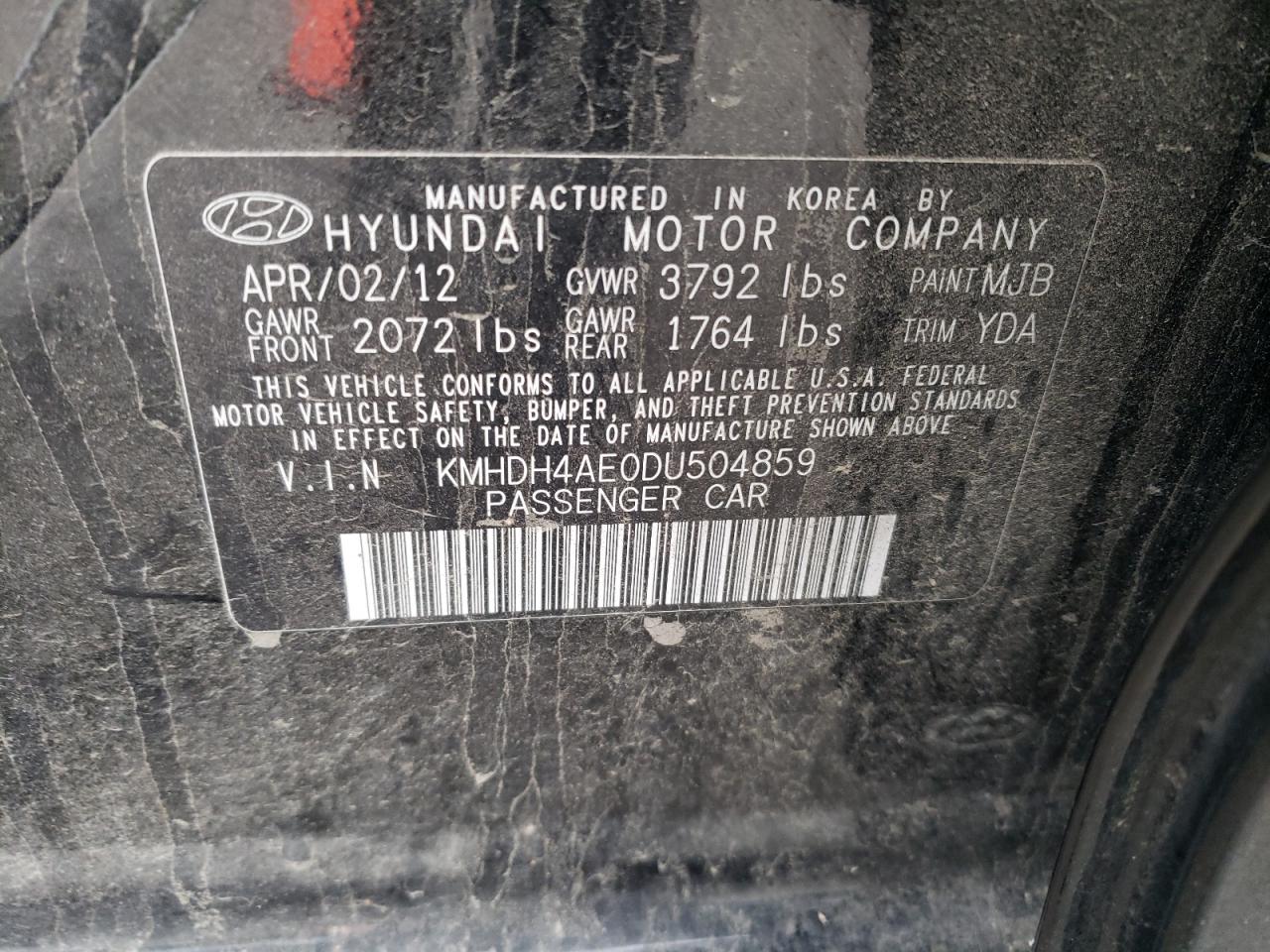 KMHDH4AE0DU504859 2013 Hyundai Elantra Gls