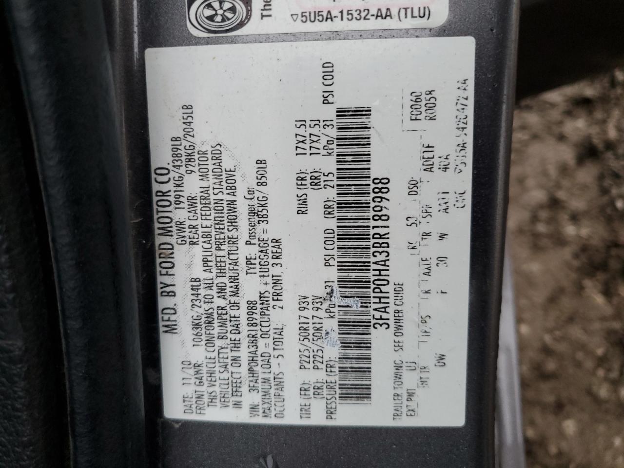 3FAHP0HA3BR189988 2011 Ford Fusion Se