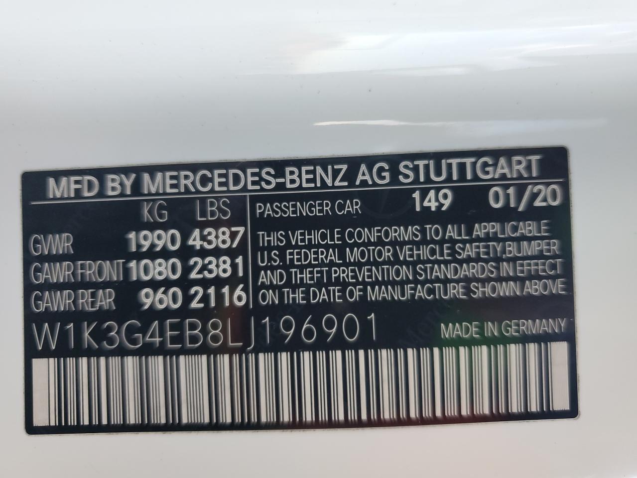 2020 Mercedes-Benz A 220 VIN: W1K3G4EB8LJ196901 Lot: 83014614