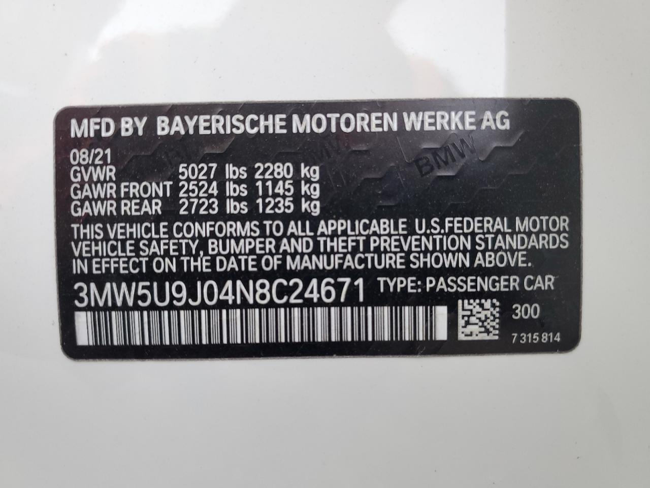 2022 BMW M340Xi VIN: 3MW5U9J04N8C24671 Lot: 85688734