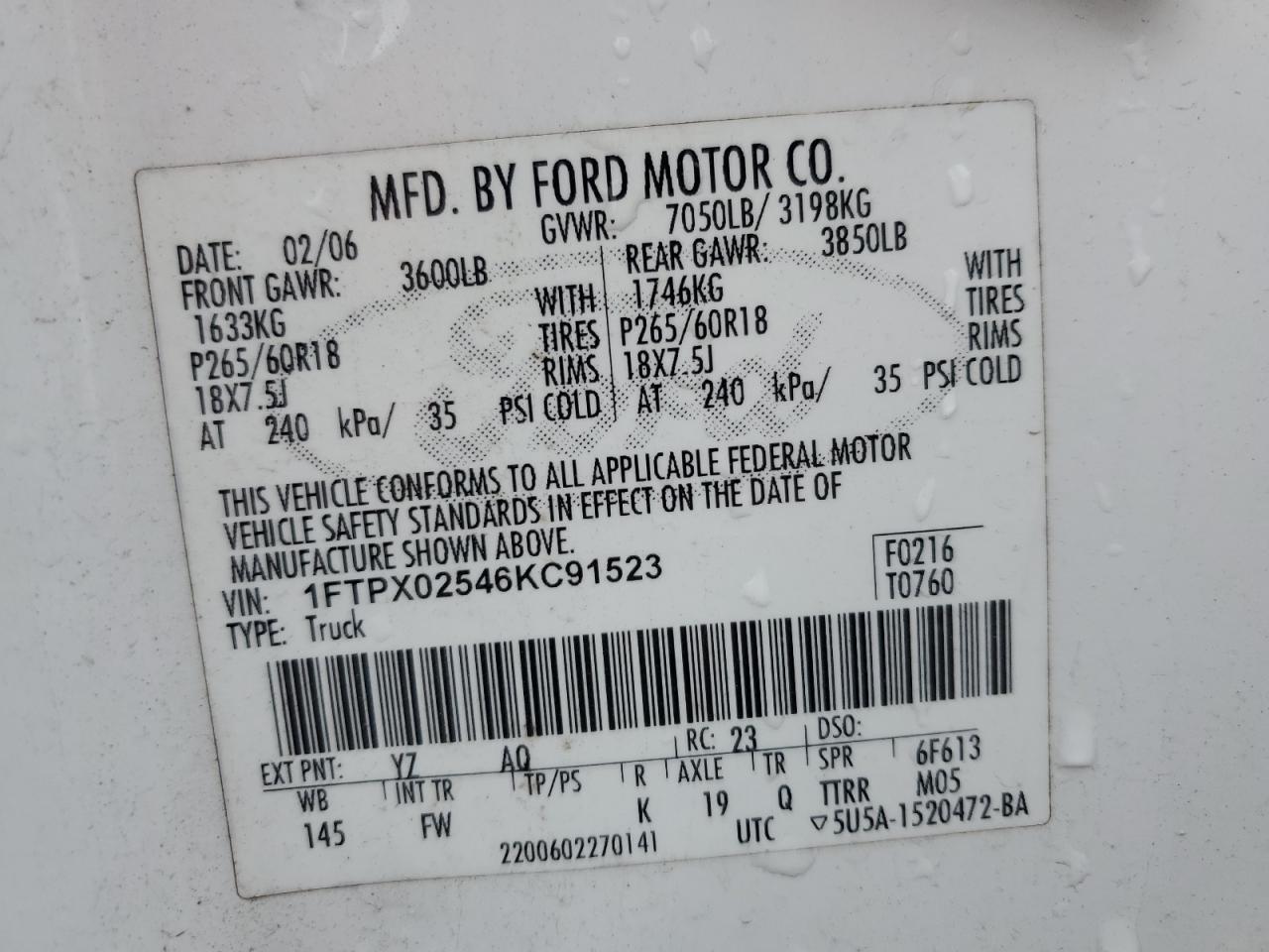 1FTPX02546KC91523 2006 Ford F150