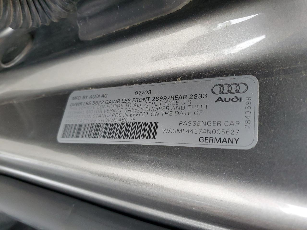 WAUML44E74N005627 2004 Audi A8 L Quattro