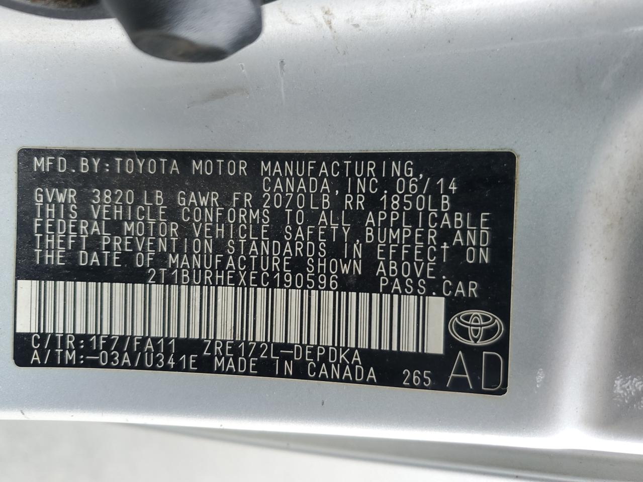 2T1BURHEXEC190596 2014 Toyota Corolla L