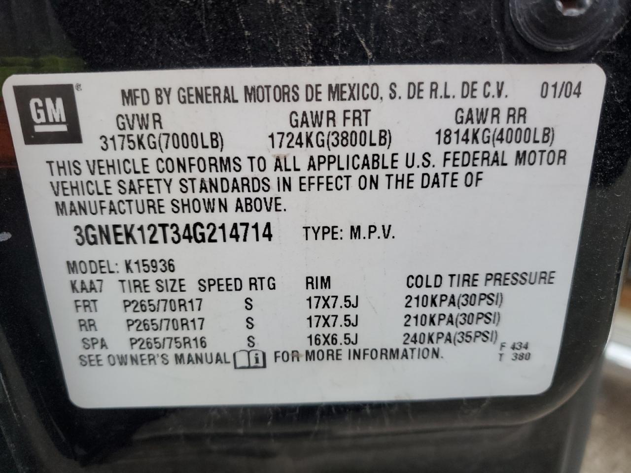 3GNEK12T34G214714 2004 Chevrolet Avalanche K1500